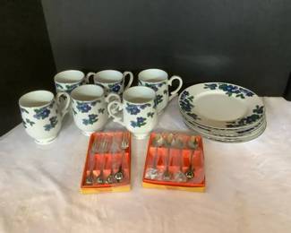 Set of Blue Floral Plates, Cups,  Silverware