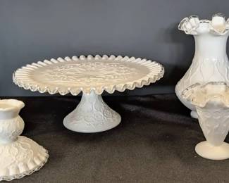 Vintage Fenton Spanish Lace Cake Stand, Vases,  Candle Holders