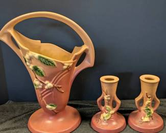 Vintage Roseville USA Pink Snowberry Pottery Vase  Two Candle Holders
