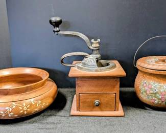 Unique Vintage Wooden ItemsCoffee Grinder, Inlaid Bowl  Hand Painted Bucket