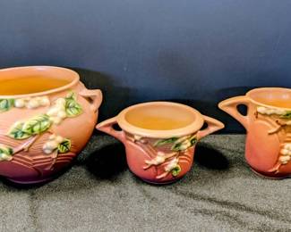 Vintage Roseville USA Pink Snowberry Bowl, Sugar  Creamer Bowls