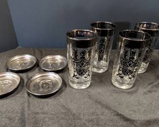 Vintage Lot Of Four Kimoko Silver Knight Shield Tumblers With Coasters
