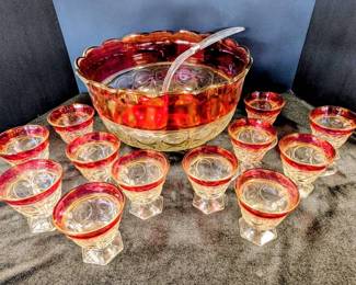 Indiana Glass Co. Ruby Red Thumbprint Punch Bowl With 12 Cups