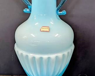 Vintage Cased Empoli Blue Handled Venetian Glass Vase