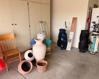 Clay pots,golf clubs , golf bags