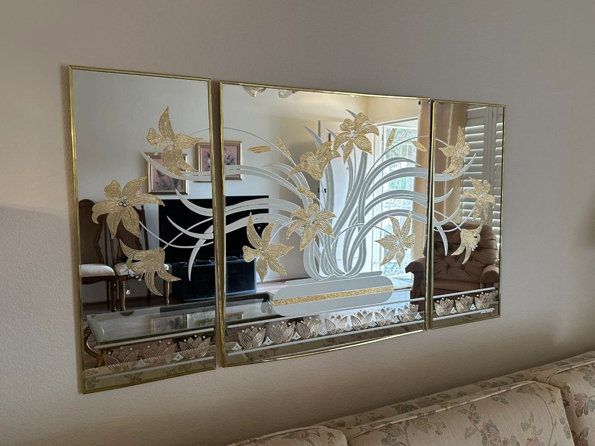 1980s Michael Brice Etched Triptych Mirror