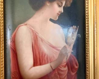 Antique German Painted Porcelain Plaque titled 'Marguerite' - signed Wagner.  19th Century
