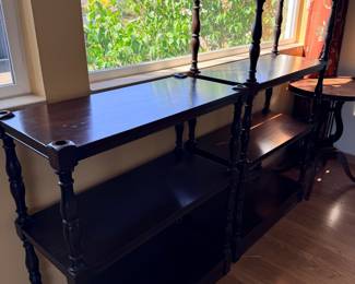 Solid wood stackable shelves - 2 pieces each that fit into each other via pegs - nice and stable too. 