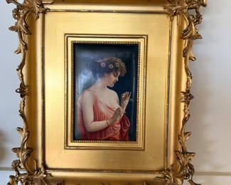 Antique German Painted Porcelain Plaque titled 'Marguerite' - signed Wagner.  19th Century.
