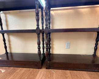 Solid wood stackable shelves - 2 pieces each that fit into each other via pegs - nice and stable too.