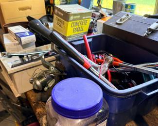 Various tools and yard tools in the garage