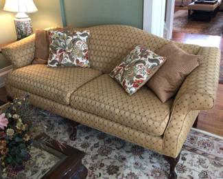 Antique sofa with attached and reupholstered in beautiful silk fabric, mahogany claw legs. $750