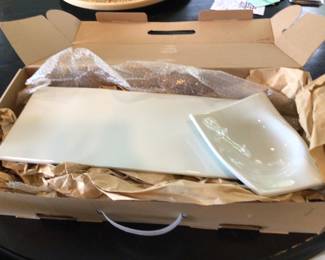 Designer SPIN GREEN WHITE GLAZE. APPETIZER TRAY PRURCHASED IN BEIJING. $75 in original box perfect wedding gift
