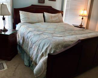 King beautiful bed with 2 side tables. Reversible spread sold separately 