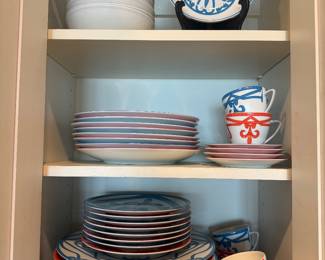 8 place settinngs Limoges Vellum Dinnerware in blue and orange