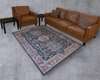 Contemporary Living Room Set  Megain Faux Leather Seating  Tumble Washable Rug