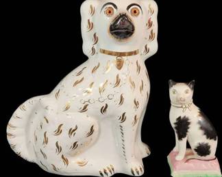 Charming Antique Staffordshire  Cat  Dog Duo