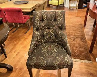 Tufted wingback side chair with paisley patterned upholstery 