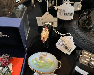 Artoria Limoges Easter Box, 14k Gruen Art Deco Watch, 14k Pearl Drop Earrings
