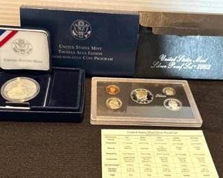 Thomas Alva Edison Silver Commenorative Coin  1992 US Mint Silver Proof Set