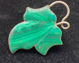 Vintage Malachite Sterling Silver Leaf Brooch  Cabochon Ring