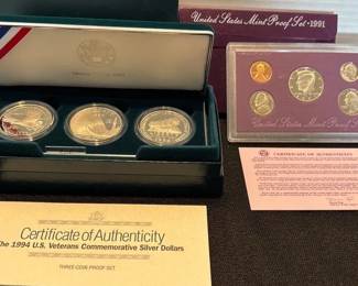 1994 US Veterans Commemorative Silver Dollars  1991 US Mint Proof Set