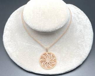 Ladies 18K Rose Gold Diamond Swirl Pendant with Curb Link Chain