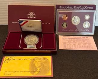 Thomas Jefferson 250th Anniv Silver Dollar  1991 US Mint Proof Set