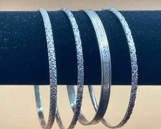 4 Sterling Silver Vintage Filigree  Floral Bangle Bracelets