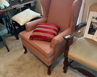 Bedroom -,left is picture of vintage sewing machine, stool for sewing machine, chair & cushion, additional chair & pilliw