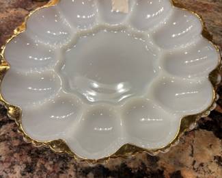 Gold rim milk glass egg plate