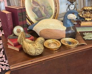 framed oils, bird figurine, duck decoy, candlestick