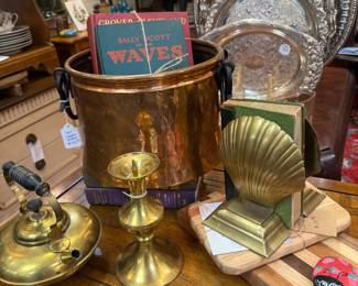 vintage brass candlesticks, brass shell bookends, silverplate trays, kettle
