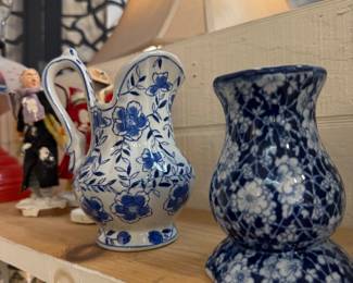blue and white pitcher and vase with built in frog