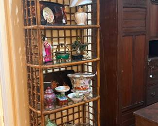 bamboo shelf, lamp, Asian art, bowls