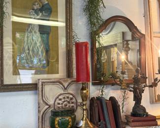 decorative candlesticks, lamp, mirror