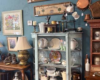 kitchen and glassware pieces, copper pan, wall art, lantern, basket
