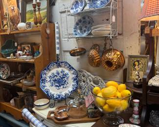 blue and white, copper, lemons