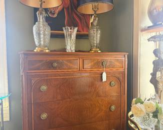 gorgeous chest of drawers, crystal lamps, framed art