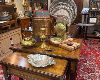 campaign style nesting tables, framed barn art, vintage copper and silver plate