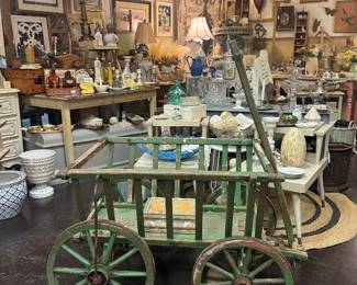 vintage garden cart, framed art, tables, chest of drawers, glassware, lamps