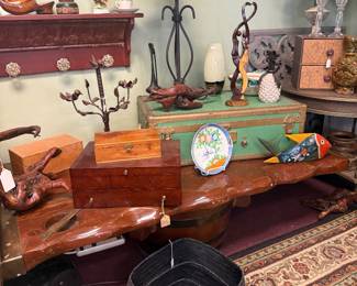 lamps, vintage trunk, basket, art, wood coffee table