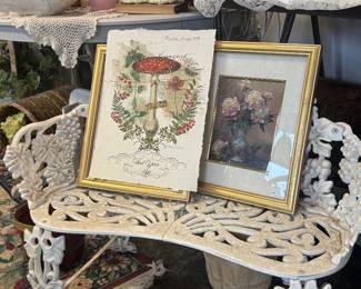 vintage garden seating, framed art