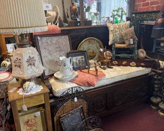 beautiful wooden bench, magazine rack, decorative lamp