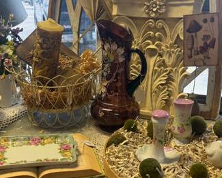 hand painted pitcher, trays, wall art