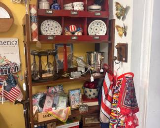 glassware, dishes, wall art, butterflies, scarves, crock