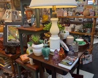 lamps, fruit, trays, bowls, books, dog lamp