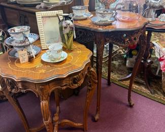 beautiful decorative tables, tea cups and saucers, gravy boat