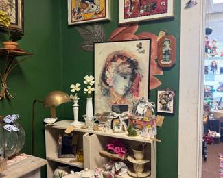 wall art, shelves, stool, vases, mugs