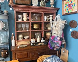 glassware, cake plates, chair, framed art